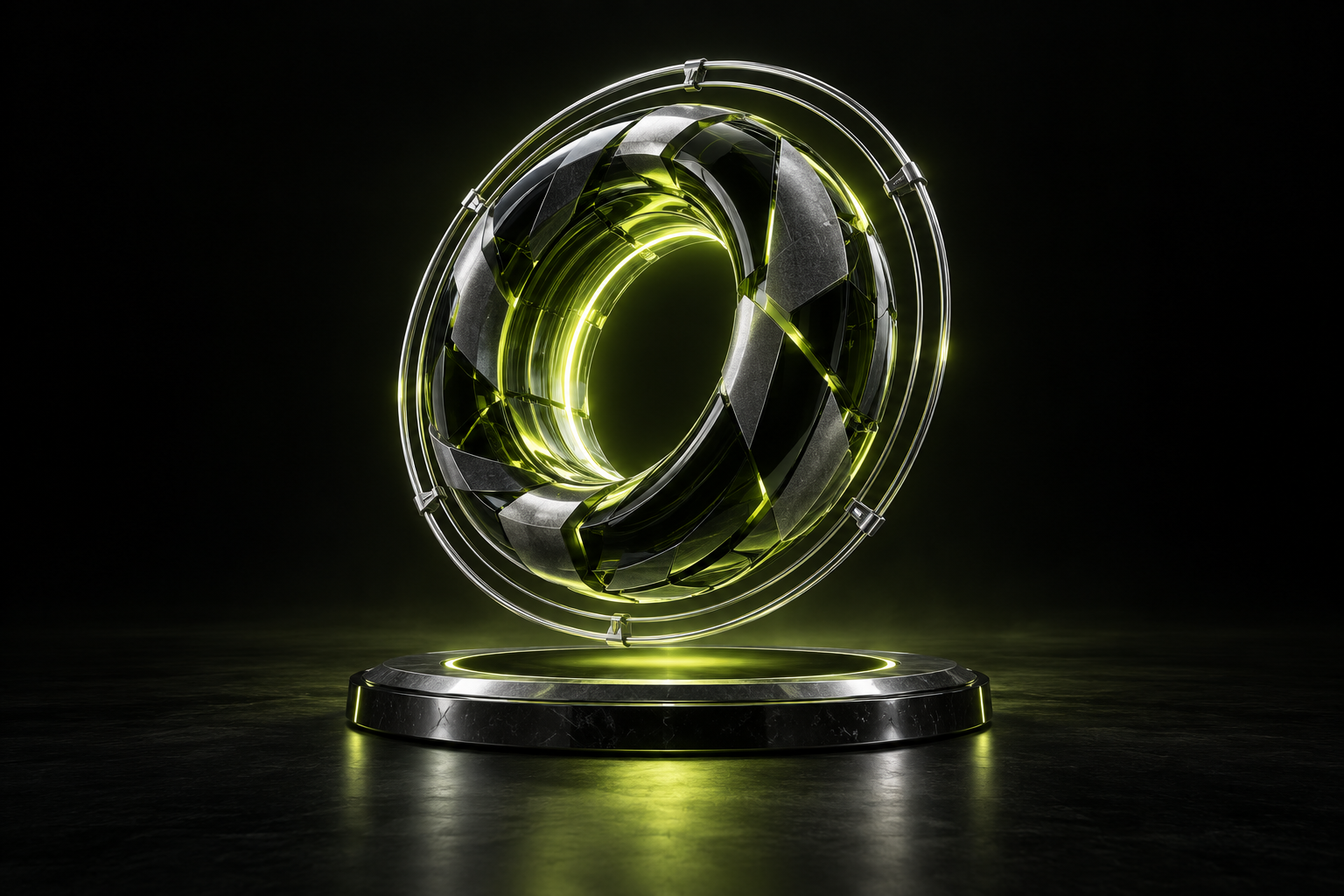 Sculptural black glass flow engine with an illuminated lime energy ring