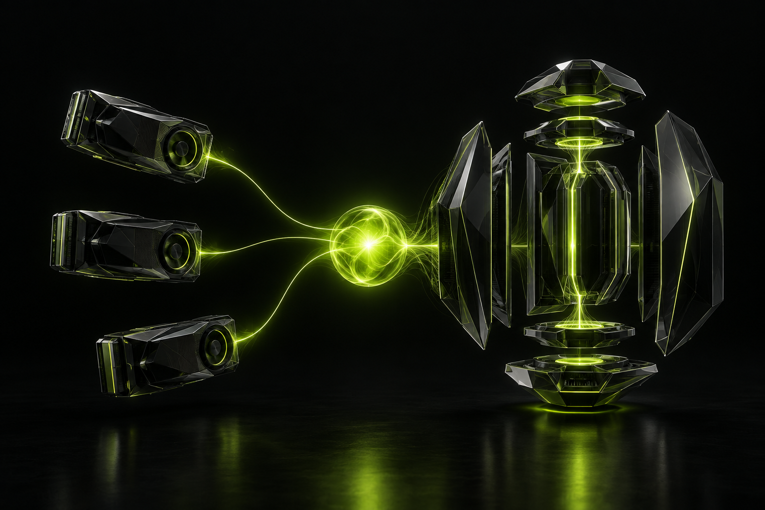 Three virtual compute modules connected by lime energy streams to a core assembling a new advanced miner