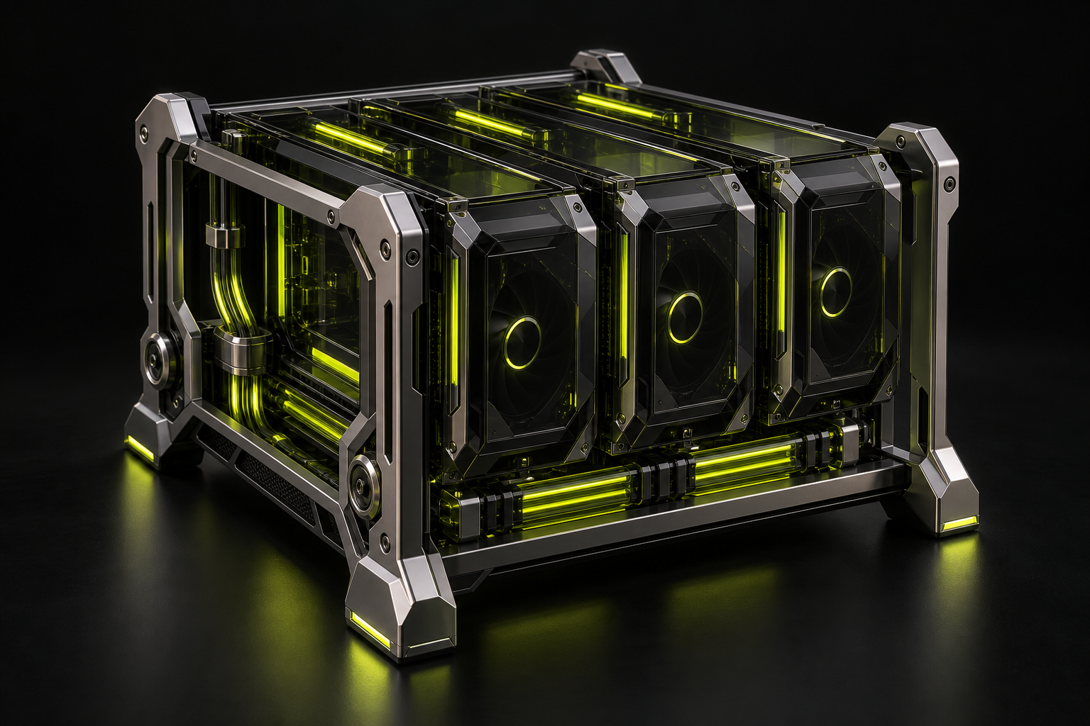 Three black-glass compute cartridges installed in an illuminated OVRCLK mining rack