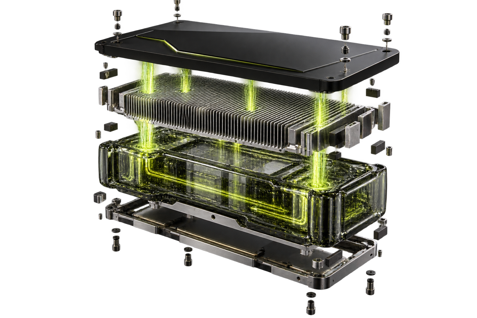 Exploded black ceramic GPU assembly with a luminous core and separated precision cooling layers